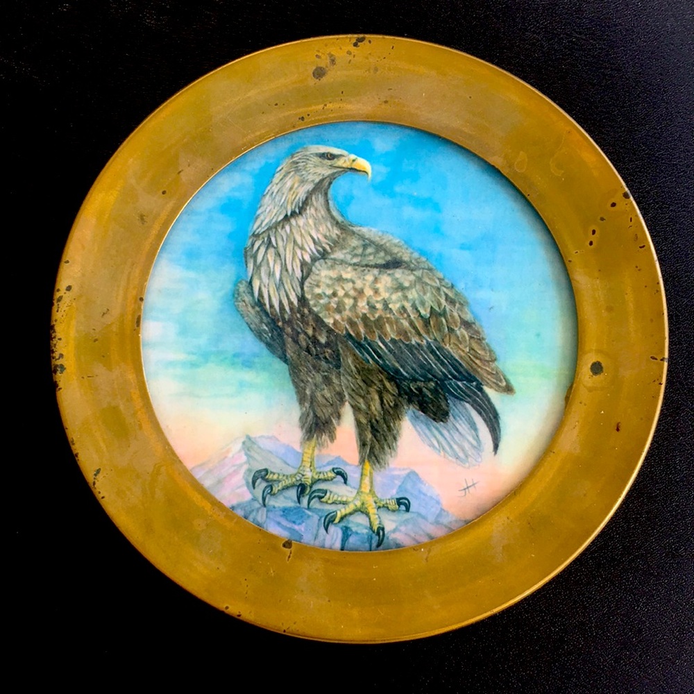 Keramik Brass Plate Wild life Eagle Painting made in West Germany